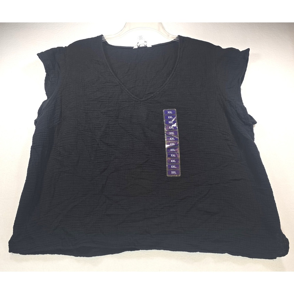 Cato Women XXL Black Double Gauze Cotton V-Neck‎ Flutter Sleeve Top